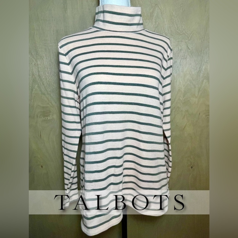 T by Talbots Pink Grey Striped Waffle Turtleneck Long Sleeve Top L
